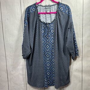 Catherines Blue Geometric Boho Peasant Tunic Top Plus Size 2X Relaxed Fit Artsy